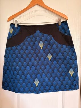 Skunkfunk Blue Patterned A-Line Skirt with Dark Blue Waistband